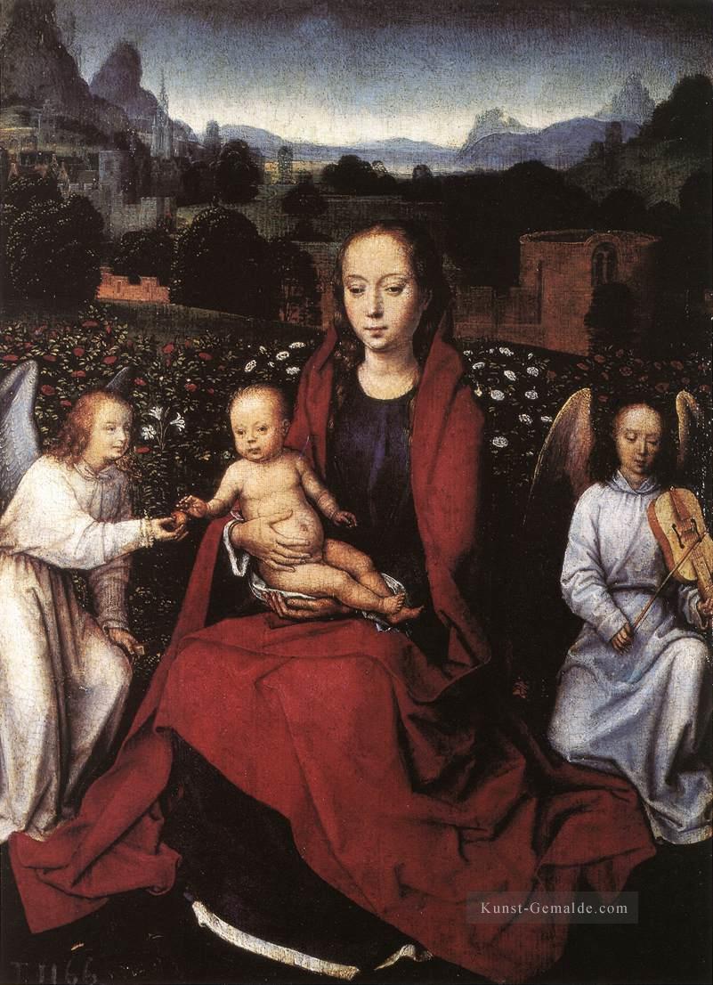 Jungfrau und das Kind in einem Rosengarten mit zwei Engeln 1480 Niederländische Hans Memling Ölgemälde